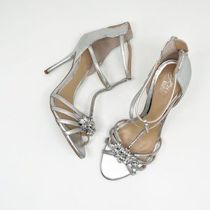 BADGLEY MISHKA | Hazel Silver Jeweled Strappy Heel Size 7.5